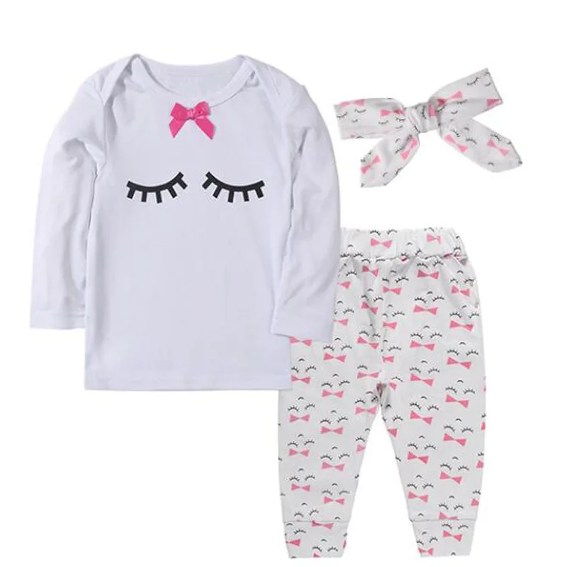 

Toddler Baby Girls Eyelash Tops Bow Tie T-shirt Tops Long Pants Hair Accessories Outfits Clothes 3 Peice Set White Autumn Winter