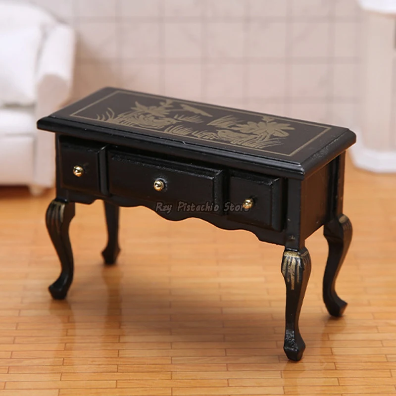 

Dollhouse Furniture 1/12 Miniature Desk Dresser Vintage Wood Table with 3 Drawers Cabinet Doll Simulation Room Decor Accessories