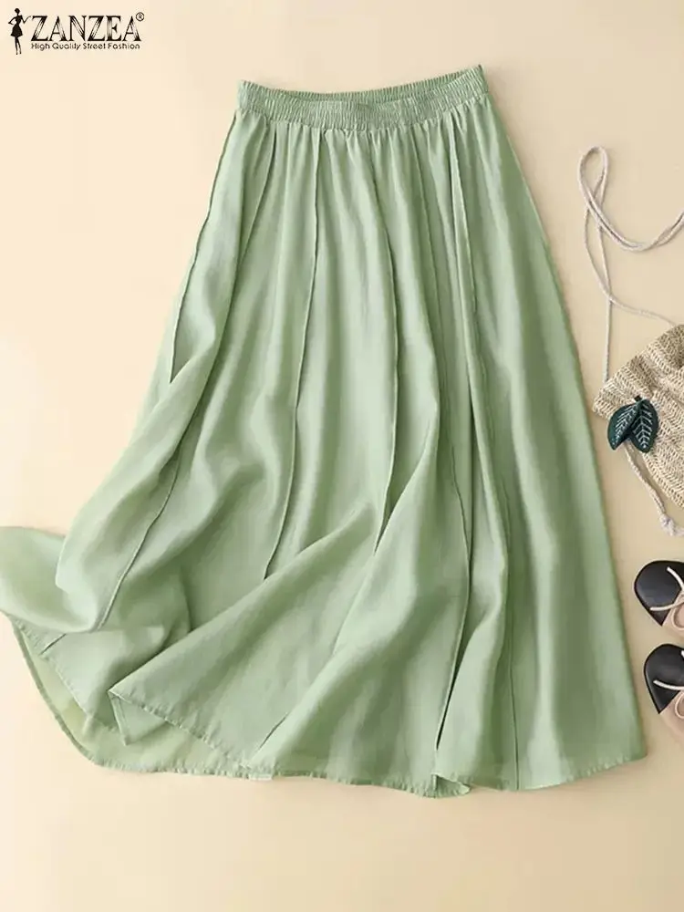 

Юбка ZANZEA Женская длинная в Корейском стиле, модная Праздничная Повседневная Свободная трапециевидная юбка с эластичной завышенной талией, однотонная, лето 2023