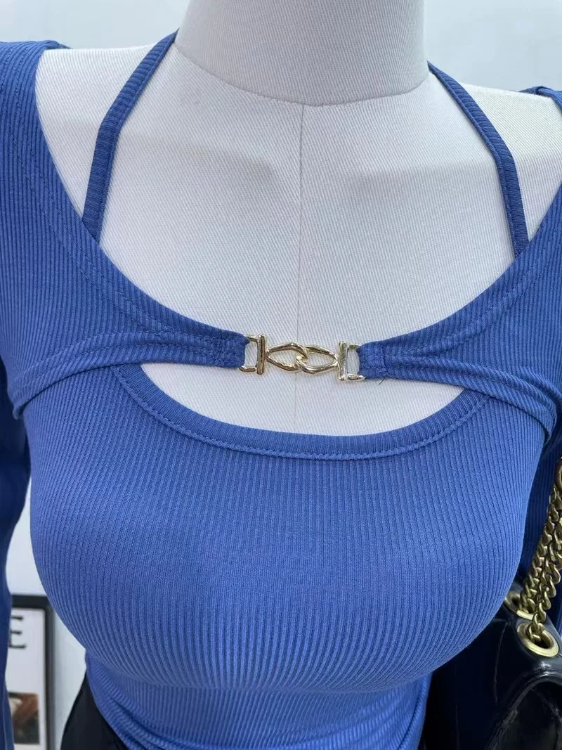 Комплекты 3XL, женские тонкие майки с лямкой на шее, топы с длинными рукавами, комплект из 2 предметов, корейский стиль, сексуальная модная укороченная весенняя женская одежда Y2k (art.: 3920c7dfd01a4) - 3920c7dfd01a4