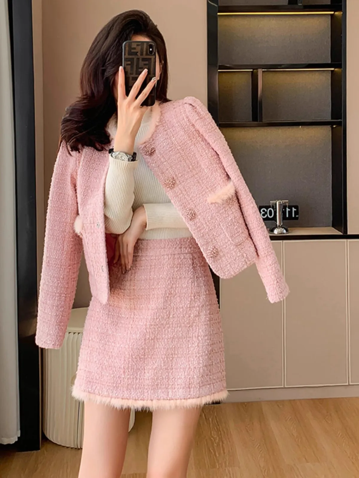 

High Street French Fashion Tweed Two Piece Set For Women Luxury Pink Short Jacket Coat+Mini Skirt Autumn Winter 2 Piece Suits