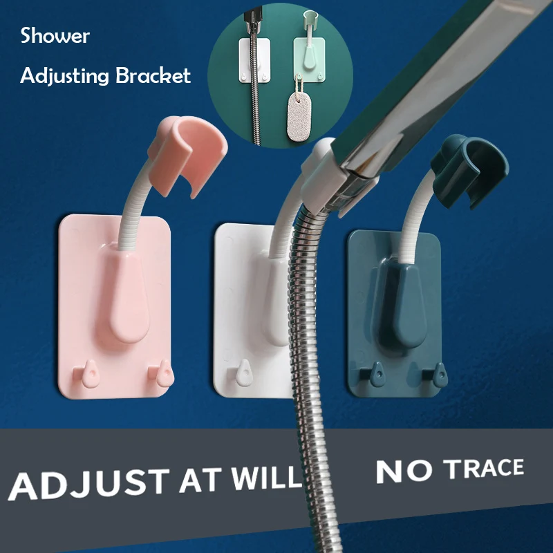 

360° Adjustable Shower Head Holder With Hooks Self-Adhesive Bathroom Wall Mount Showerhead Stand Bracket Universal Accessories