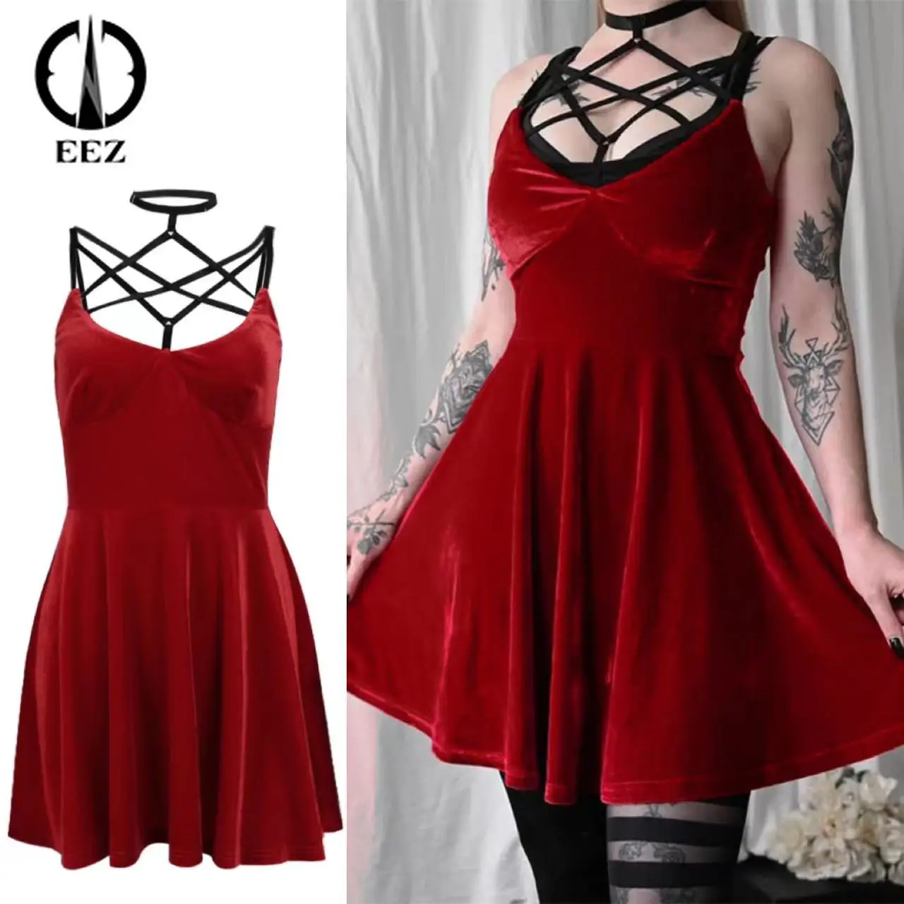 

【Hollow Out】Sexy Velvet Pentagram Cut Out Dresses Black Women Vintage Backless Mini Dress Sleeveless Strappy Coquette Partywear