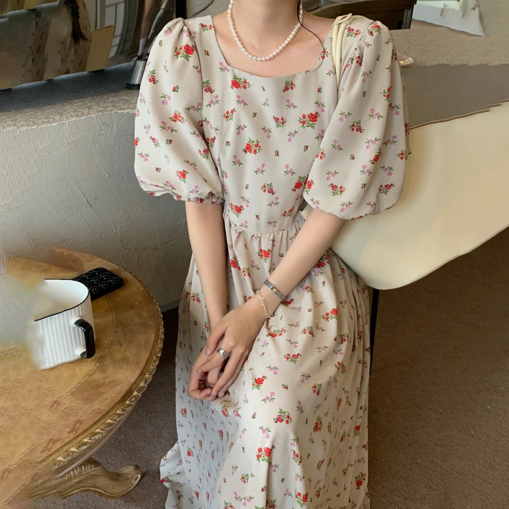 

Women Summer Vintage Elegant Long Floral Dress with Sashes 2022 New Female Puff Sleeve Square Collar Large Hem Sundress