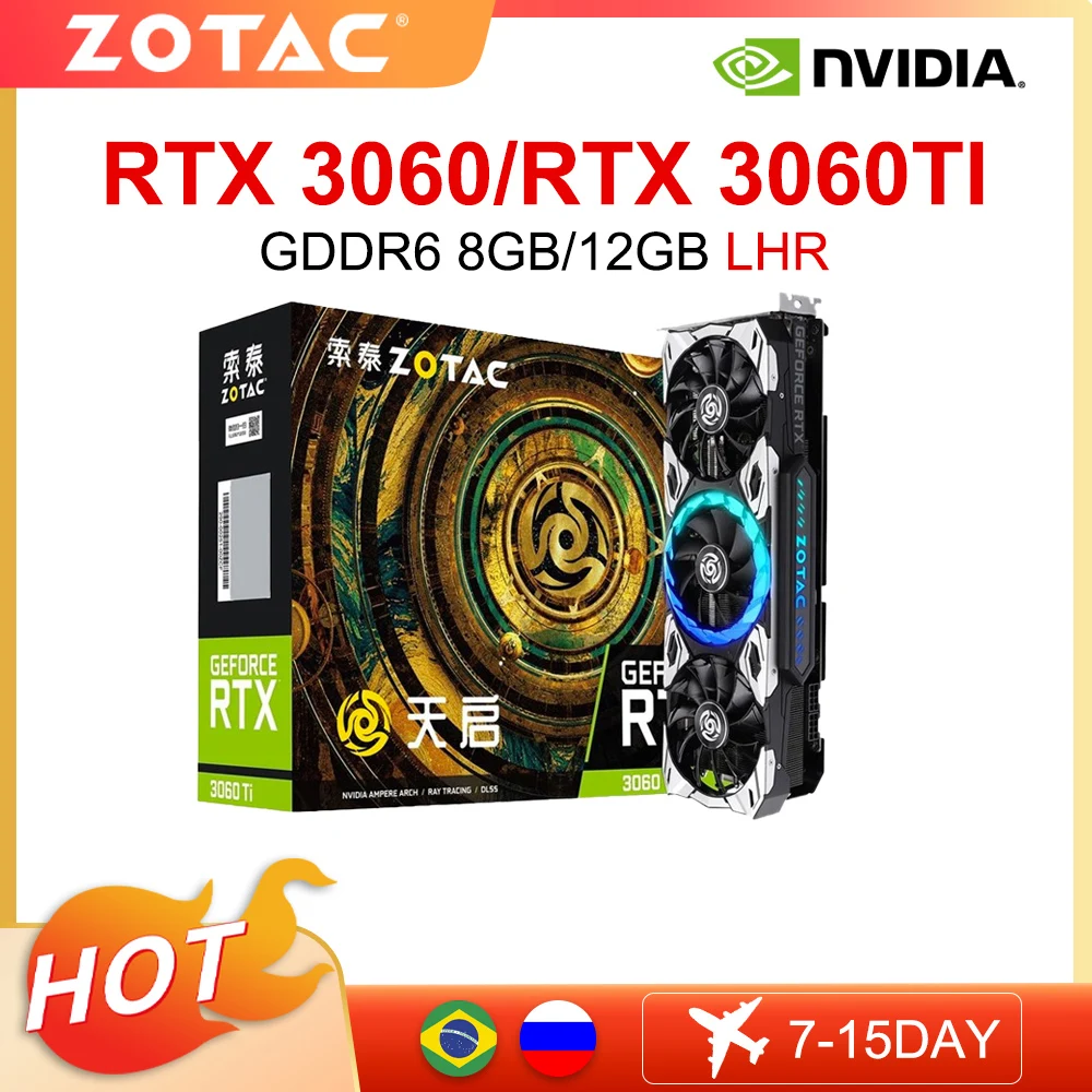 Zotac nova placa gráfica gddr6 rtx 3060 3060ti 8gb 12gb jogos 256bit 8nm 8 + 8pin 14000mhz gpu gamer placas de vídeo placa de vídeo