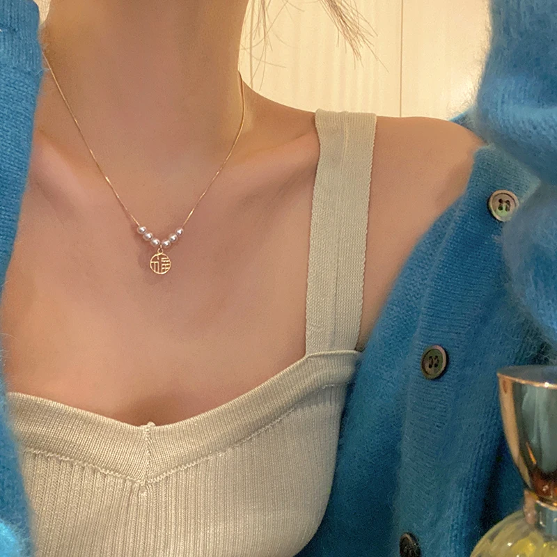 

925 sterling silver necklace gold color Fu word pendants pearl necklace Light luxury sweater chain 2022 new necklace for women