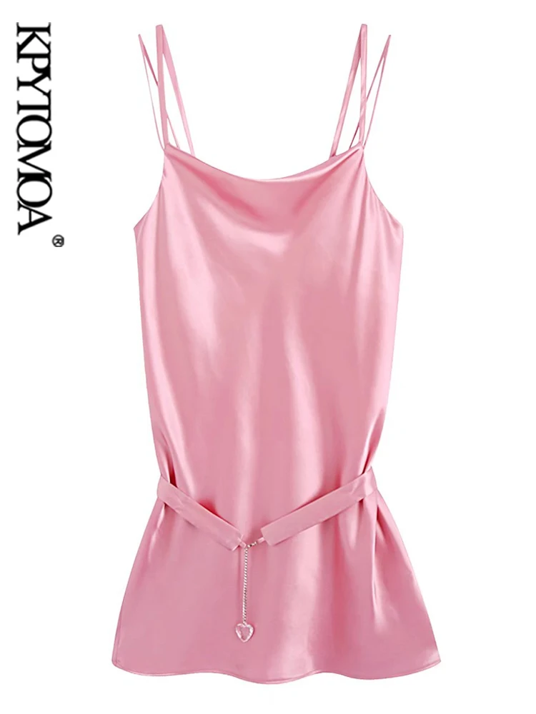 

KPYTOMOA Women Fashion With Belt Satin Mini Camisole Dress Vintage Backless Thin Straps Female Dresses Vestidos Mujer