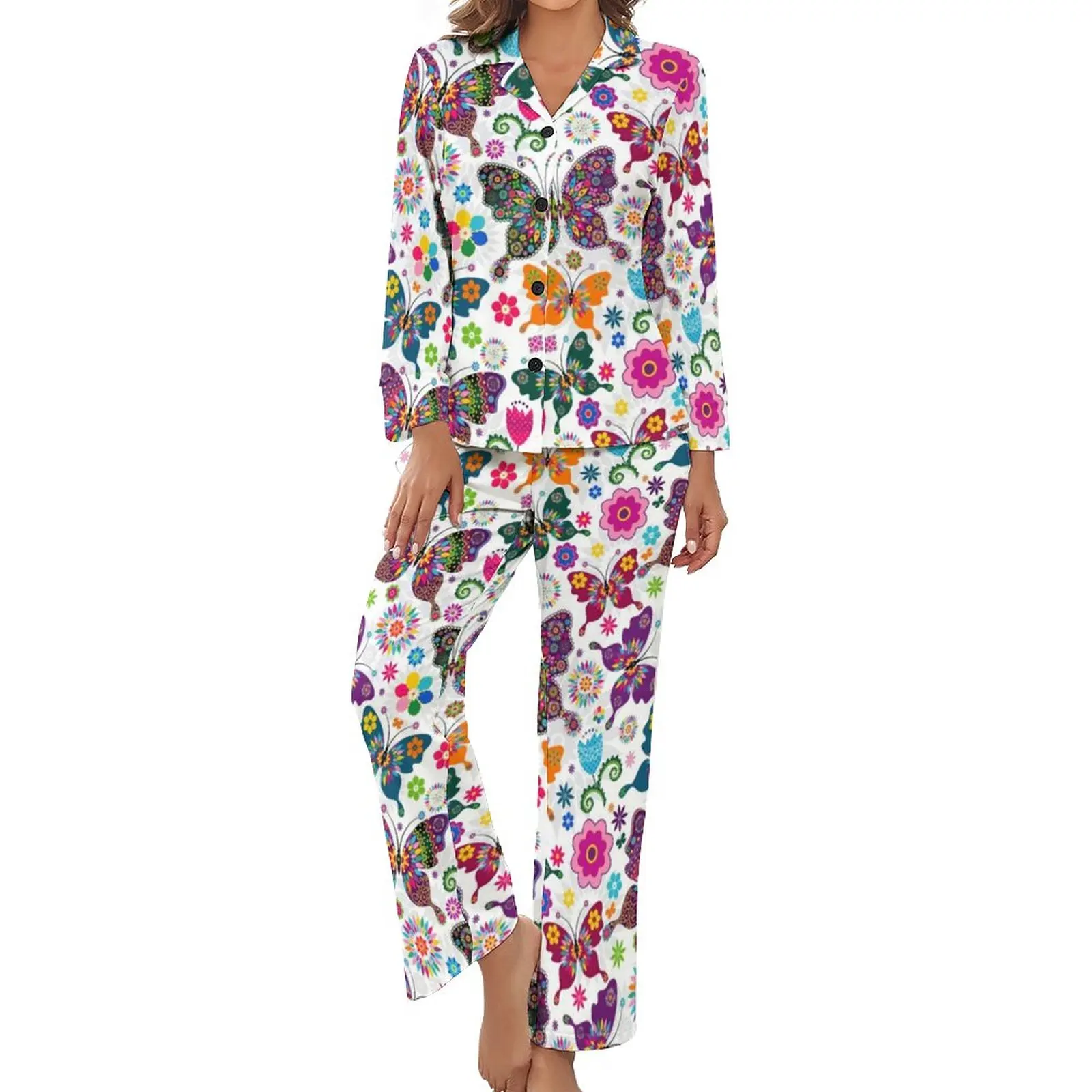 

Boho Butterfly Pattern Pajamas Butterflies Lover Vintage Floral Print Long Sleeve Kawaii Pajama Sets 2 Pieces Casual Nightwear
