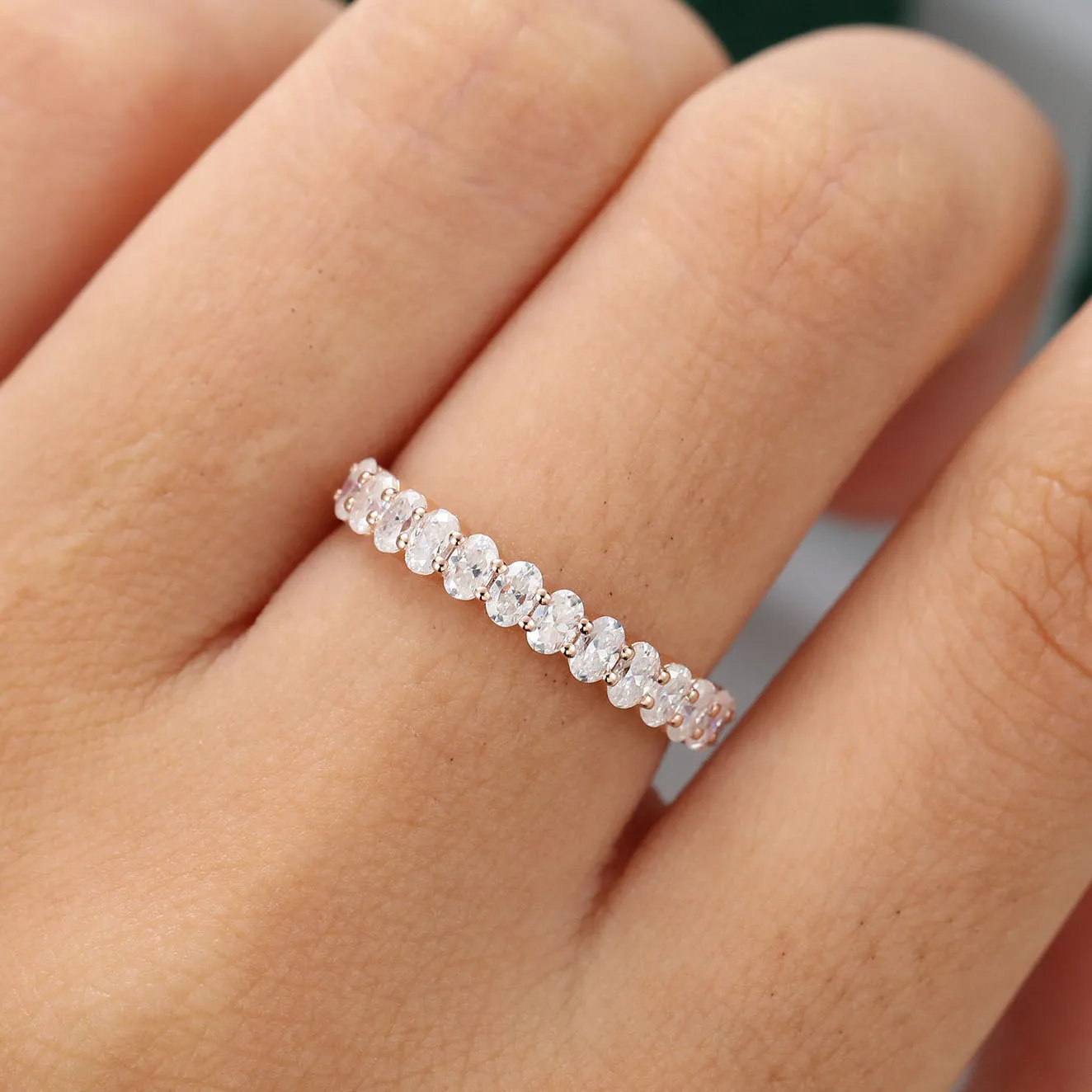 

Unique Moissanite Wedding Band women Oval cut Half Eternity Rose Gold Vintage Stacking Matching Bridal Promise Ring