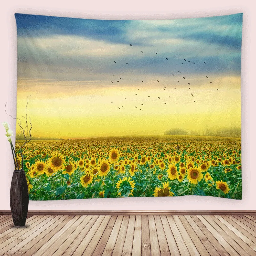 

Sunflower Field Tapestry Spring Nature Sunlight Yellow Blooming Flowers Birds Scenery Tapestries Wall Hanging Bedroom Home Decor