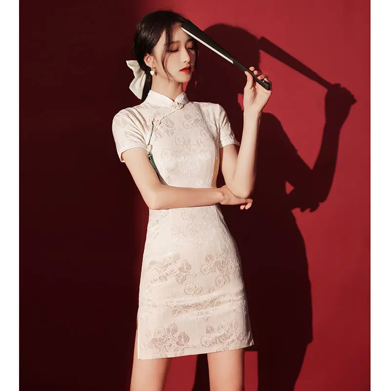 

Fried Street Short Sexy White Lace Cheongsam 2022 New Summer Improved Girls Young Small Dress y2k Fashion Casual