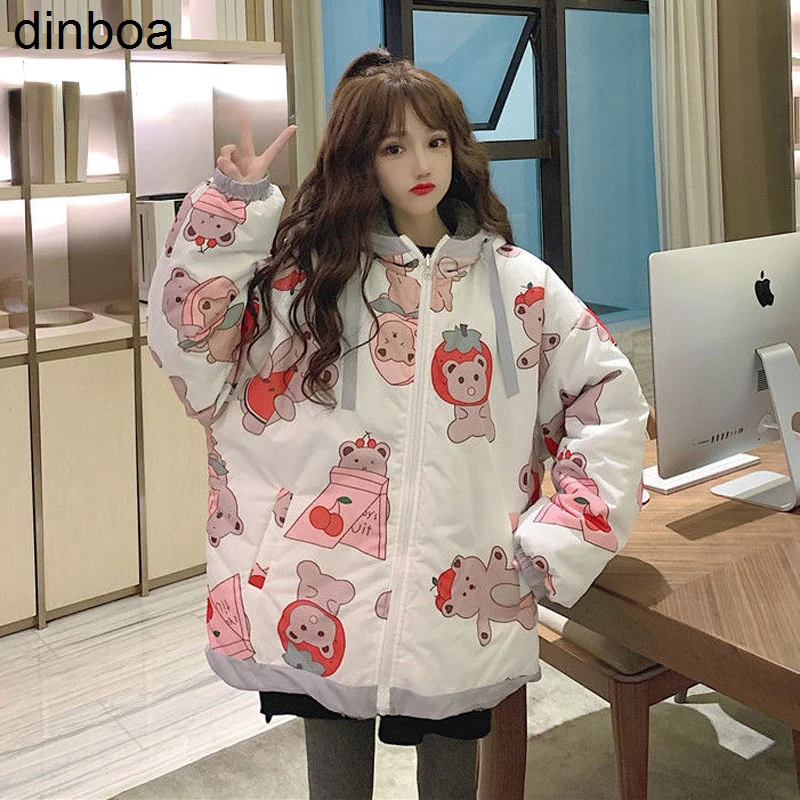 

Dinboa-2022 Double Sided Can Wear Imitation Lambswool Winter Clothes Women Coat Korean Loose Cartoon Printed Female Warm Jacket