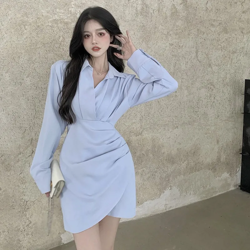 

Spring Dresses Elegant Women Chic Empire Draped Solid Mini Vintage Temperament Vestidos Feminino Office Lady New Daily Ins