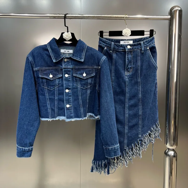 

BORVEMAYS Two-piece Sets Women 2023 Spring Summer New Fashion Trend Lapel Single-breasted Denim Jacket + Irregular Skirts