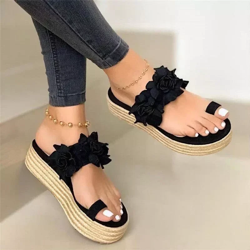 

New Women's Sandals Flower Set Toe Sandals and Slippers Women's Hot Sale Hemp Rope Thick Bottom Large Size Women's D