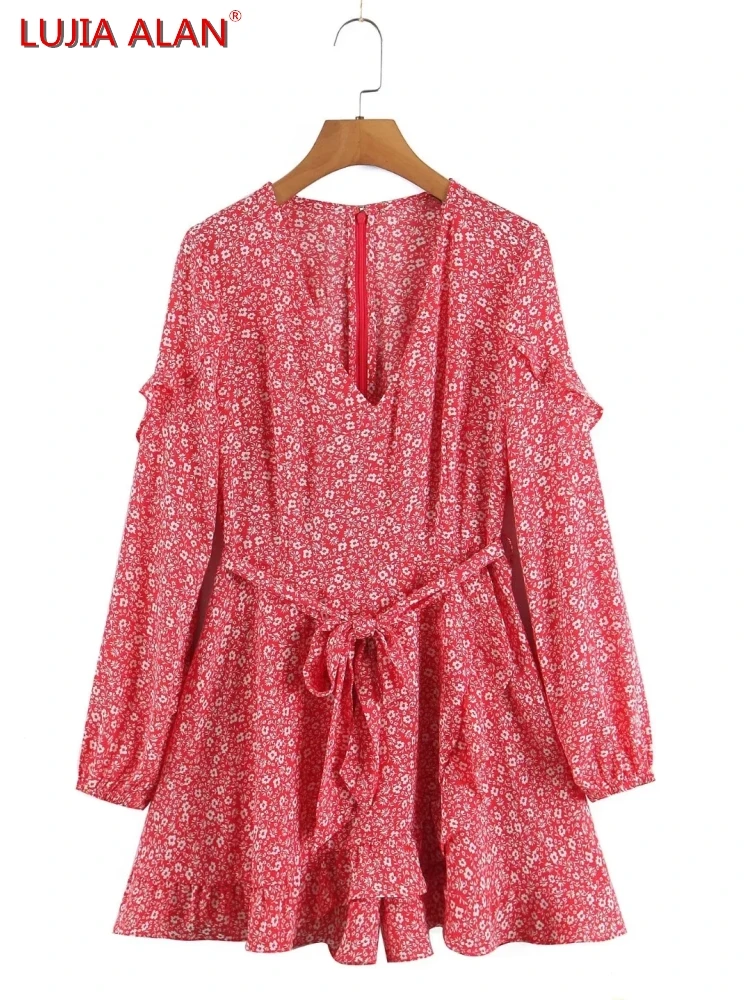 

Женский комбинезон с V-образным вырезом, длинным рукавом и цветочным принтом