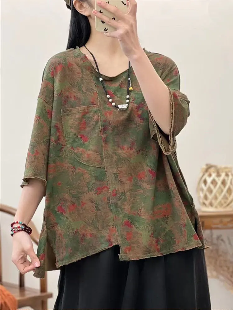 

2023 Summer Tees Womens Vintage Loose Printed T-shirts Fashion Clothes Korean Ladies Luxury Casual Harajuku Floral Tops