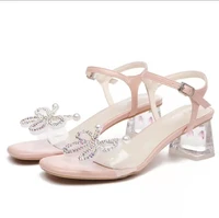 2022 new rhinestone bow womens high heels crystal square heel mid heel summer sandals elastic band pink slingback womens shoes