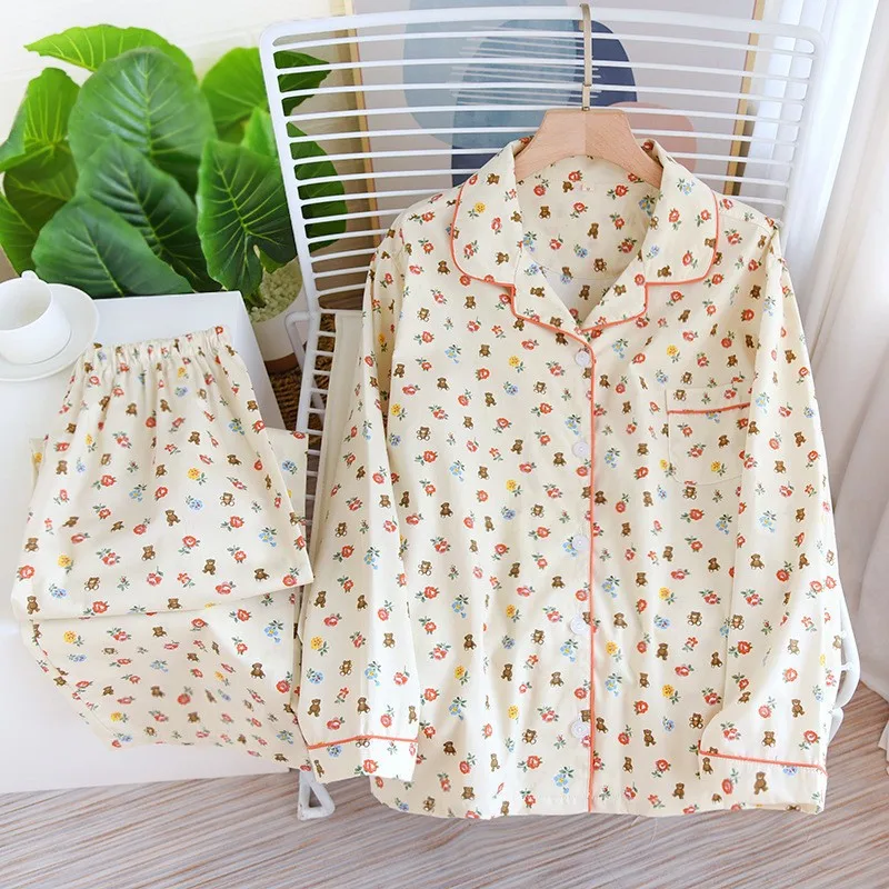 Spring/Autumn Women Cotton Pajamas Four Seasons Thin Long-sleeved Suit Plain Cloth Floral Middle-aged Elderly Living Clothes New