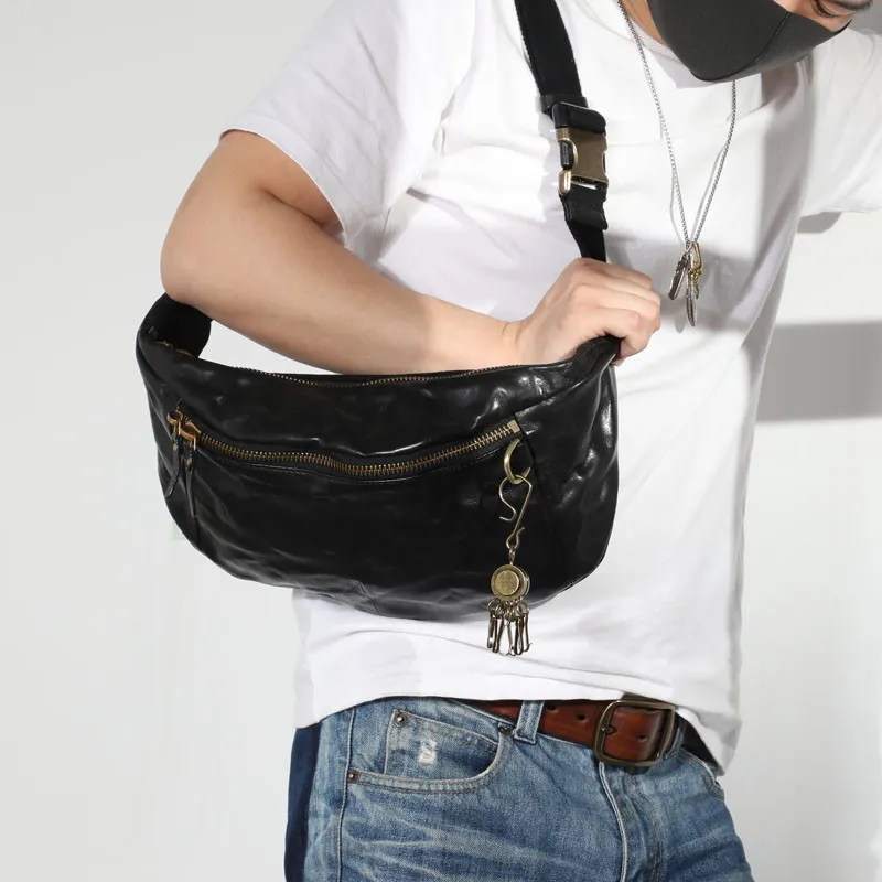 Fashion vintage high quality natural genuine leather men's chest bag casual teens large soft cowhide waist packs messenger bags
