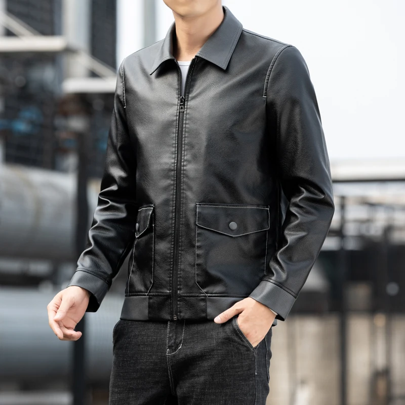 Куртка мужская из ПУ кожи однотонная Повседневная приталенная мотоциклетная