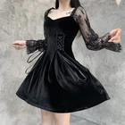 Женское бархатное мини-платье, винтажное сексуальное платье с кружевными рукавами-фонариками, темно-черное платье в готическом стиле, осень 2021