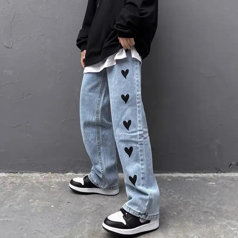 Autumn Winter Vintage Heart Shape Printing Jeans Wide Leg Pants Women Korean Loose Straight Denim Pants Fashion Trousers Unisex