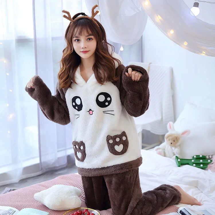 Winter New Women's Flannel Hooded Long Sleeve Pajamas Set Cute Leisure Women Sleepwear Set Gold Velvet Pyjamas Homewear