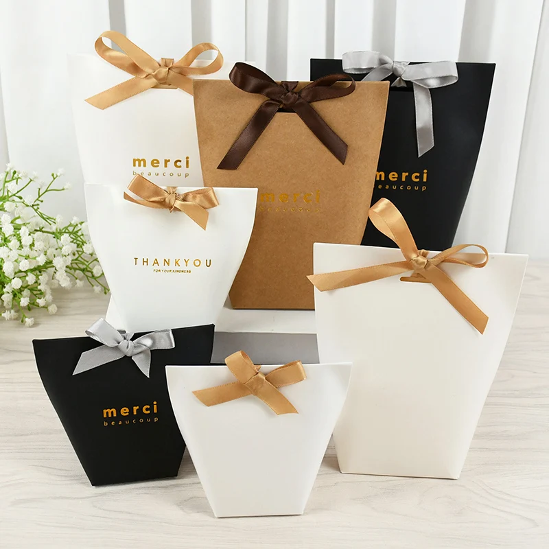 

5Pcs/Lot Black White Kraft Paper Bag Thank You Candy Box With Ribbon Wedding Favors Bags Gift Box Package Birthday Party Decor