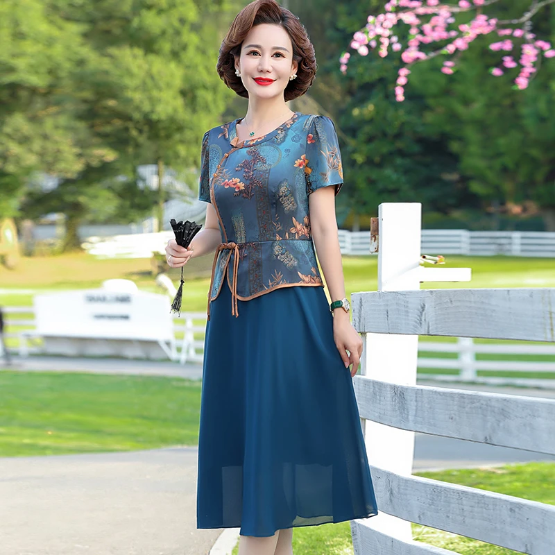 

Middle-aged Woman Cheongsam Patchwork Casualsilk Chiffon Dress Women Short Sleeve retro Womens Dress Patchwork Midi Dresses