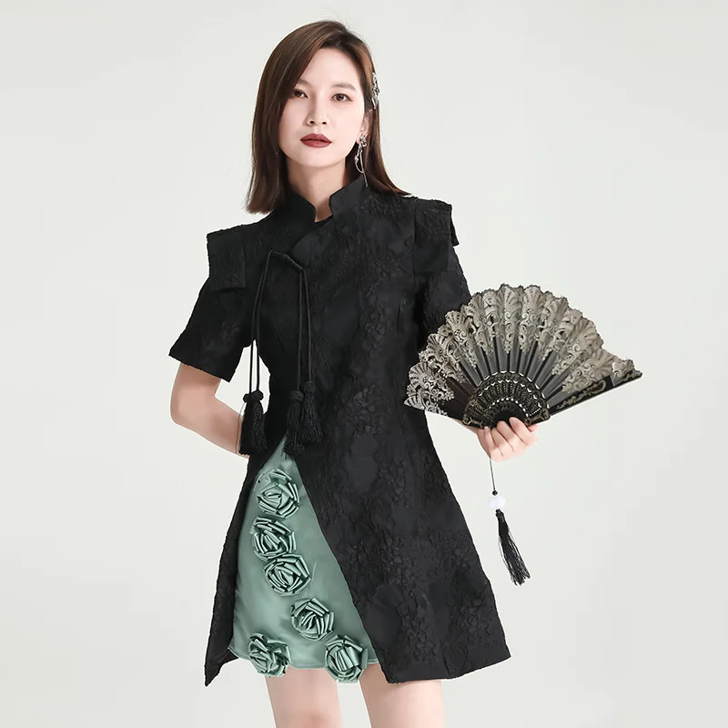Zhongchuang Rizhen 2022 high sense Black New Chinese improved cheongsam dress women's dark pattern buckle dress summer