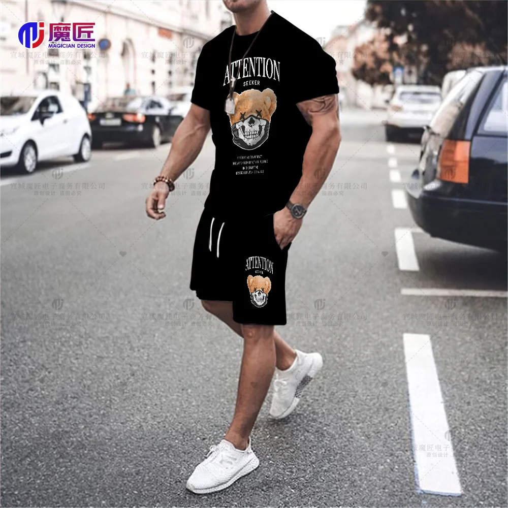 

2023 Funny Teddy Bear T-Shirt Cool Robot Graphic Tops Harajuku Cartoon Street Men's Casual Fashion Shorts Set Roupas Men