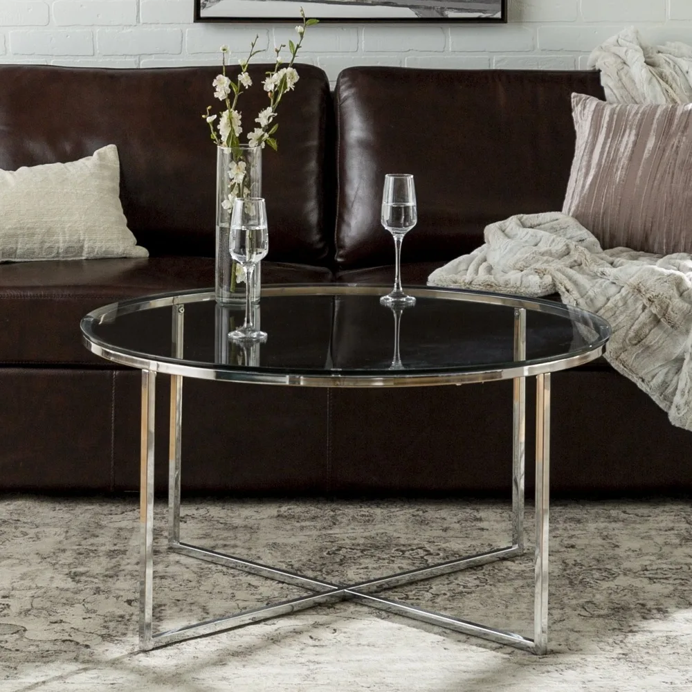 

Living Room Table Modern Round Coffee Table Furniture Glass/Chrome Side Home