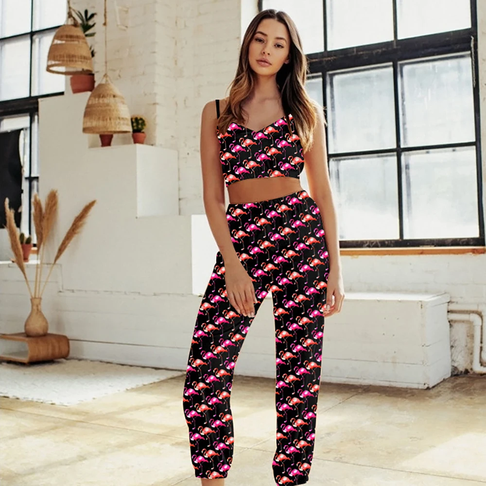 Sexy Silk Women's Spaghetti Strap Pajamas Set Crop Tank Top+Fashion Foxes Print Long Pijamas Pants Summer Casual Sleepwear Suit