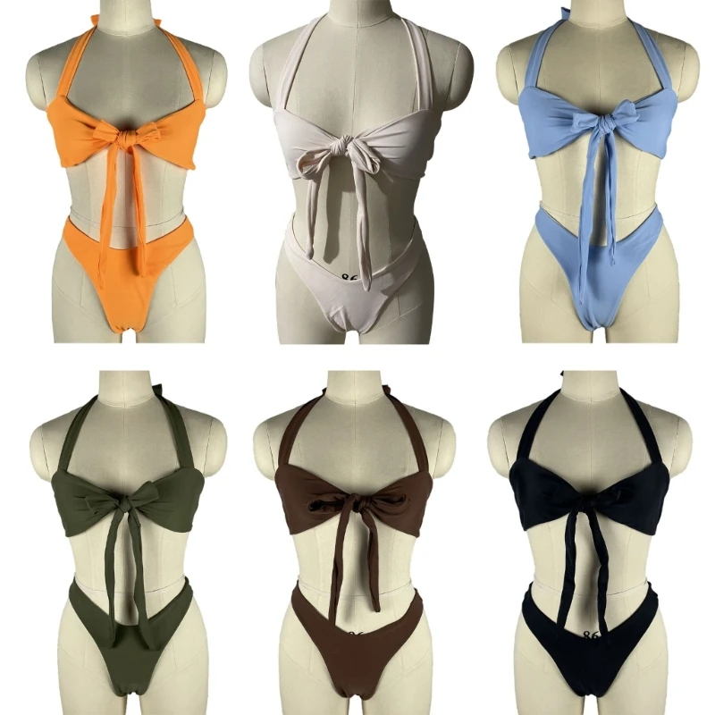 

Women Bikinis Set Lacing Solid Color Swimwear Thong Swimsuits Sexy Bathing Suits