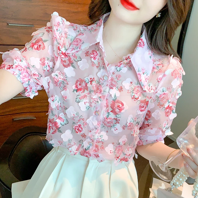 

Chiffon Shirt Woman Summer Three-dimensional Petal Floral Print Polo Collar Puff Short Sleeve Shirts Women Clothing Dropshipping