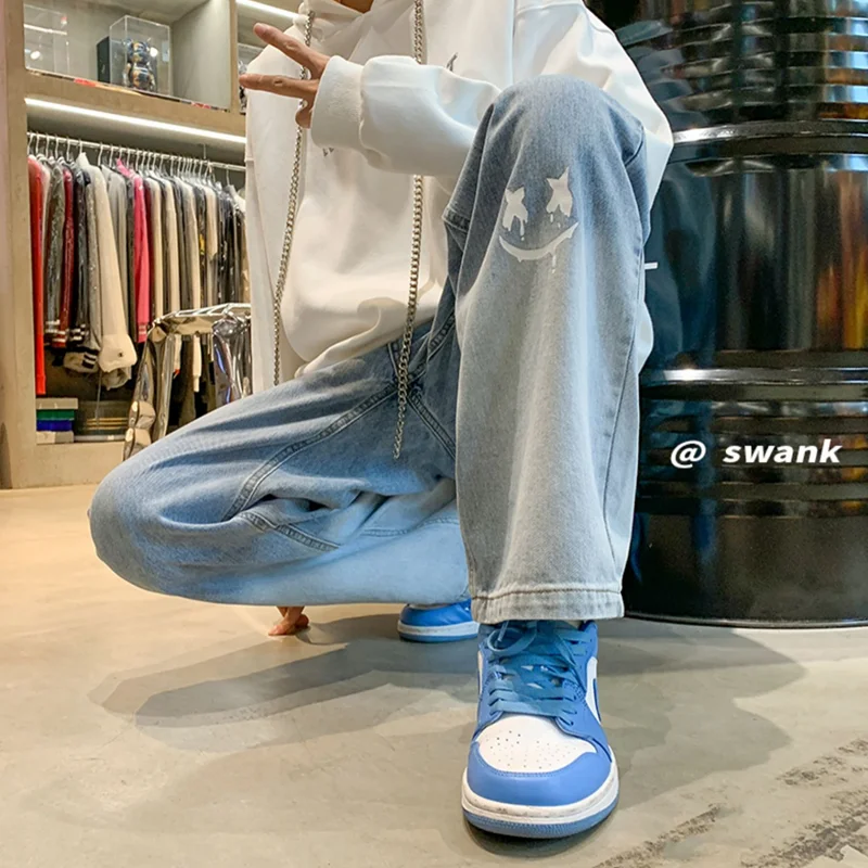 Men's Wear 2022 New Smiley Face Graffiti Navy Blue Jeans Temperament Versatile Straight Cylinder Wide Leg Trousers Autumn Female