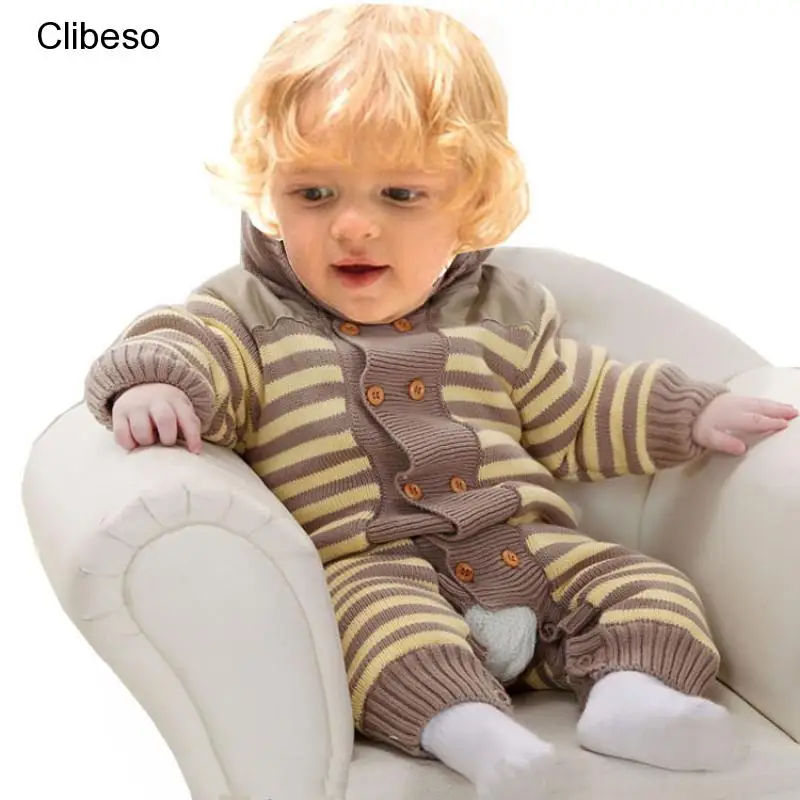 

Clibeso Newborn Autumn Baby Rompers Thickened Winter Striped Hooded Knitted Sweater Warm Girl Boy Overalls Fleece Coat Bodysuit