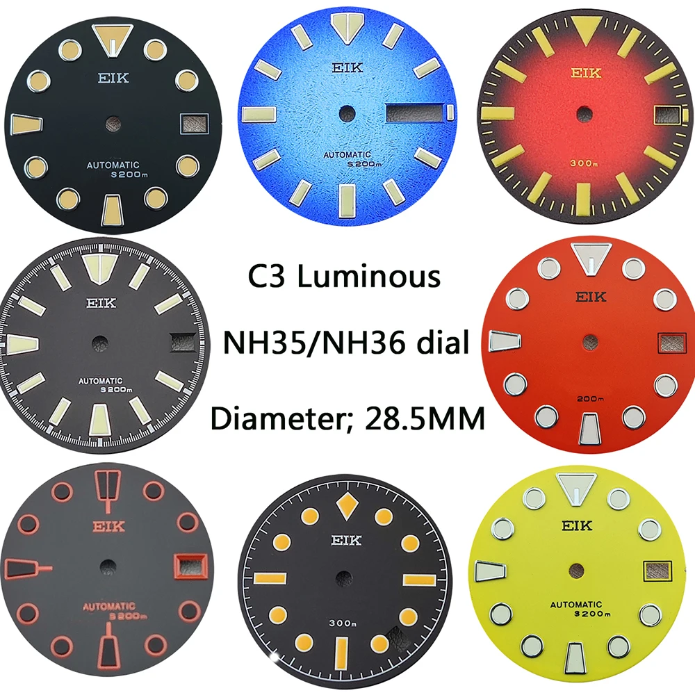 

28.5mm NH36 Watch Dial NH36 Green C3 Luminous Dial for NH35 NH36 4R6R 7S Caliber 4R6R Dual Calendar Watch with S DialSpecificat