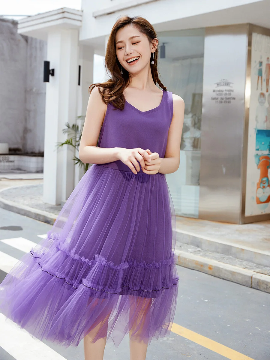 [В наличии Купить 3 бесплатно] Elevenrain Фиолетовое платье без рукавов Сетчатая юбка