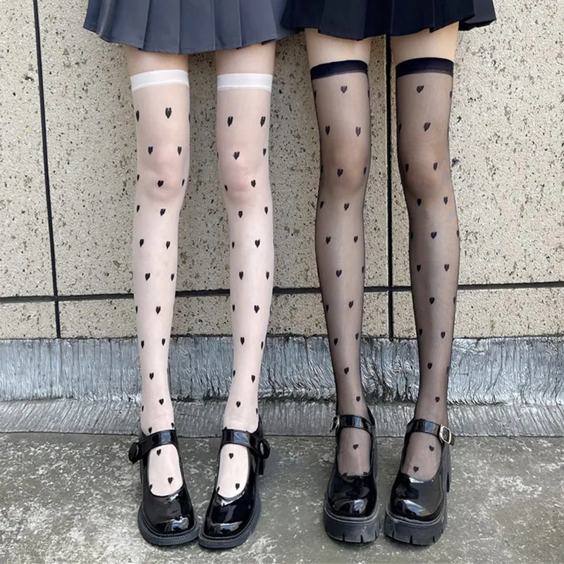 

Прозрачные сексуальные чулки, тонкие сетчатые носки до бедра с принтом в виде сердца, летние колготки в японском стиле для ночного клуба, че...