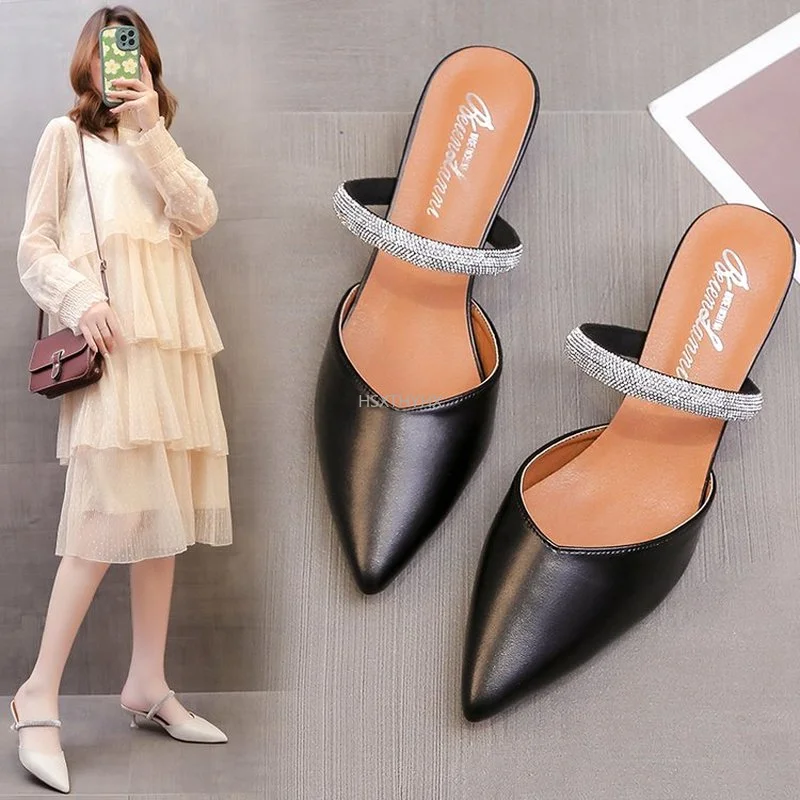 

Female Pumps Fashion New Mules Slippers Women 2024 Pointed Toe Sexy Slides Rhinestone Shoes Ladies Sandals Thin High Heels