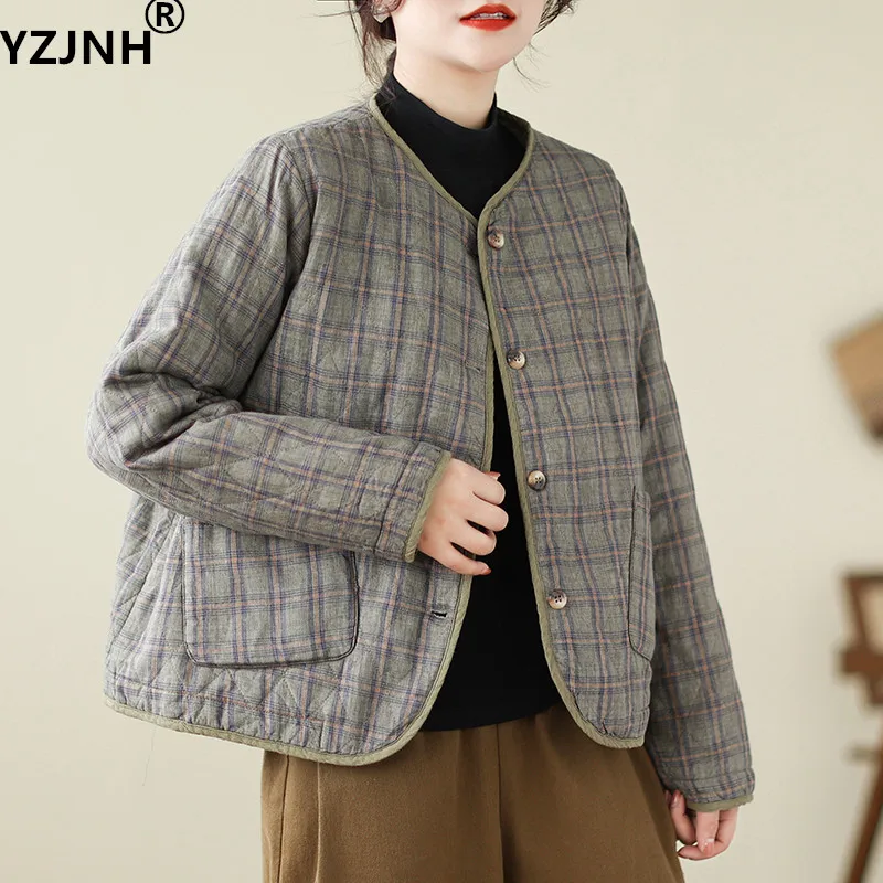 

Новинка 2023, осенне-зимнее короткое хлопковое пальто YZJNH, женское свободное Непринужденное легкое клетчатое льняное короткое пальто из хлопка с зажимом для женщин