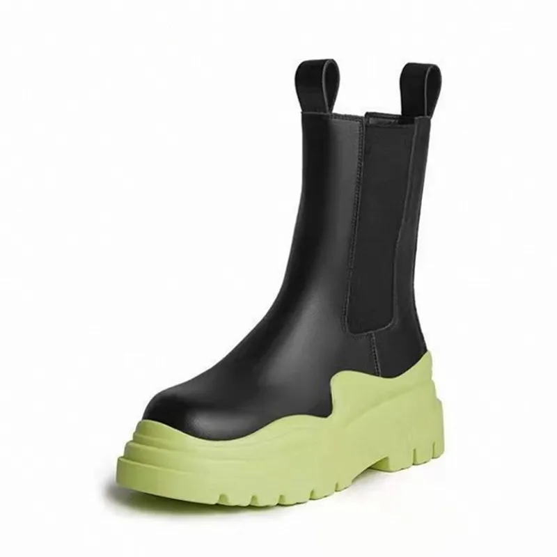 

Women Chunky Heel Mid Calf Boots Luxury Brand Chelsea Boots Platform Biker Boots Street Leather Ladies Boots Botas