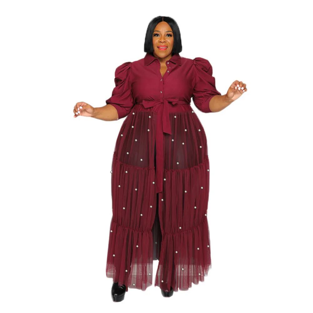 Plus Size Women Casual Dress Fashion Pearls Turn Down Neck Short Sleeves Ladies Shirt Dresses with Beading 3xl 4xl 5xl 6xl
