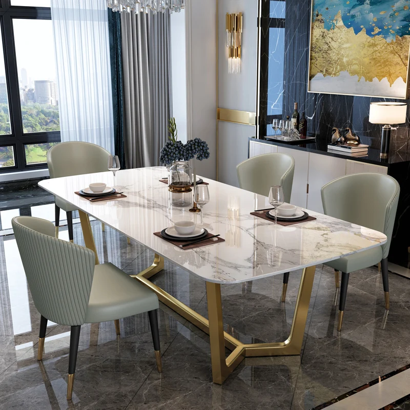 

Simple Light Luxury Stainless Steel Marble Dining Tables Modern Creative Golden Dinning Table Set