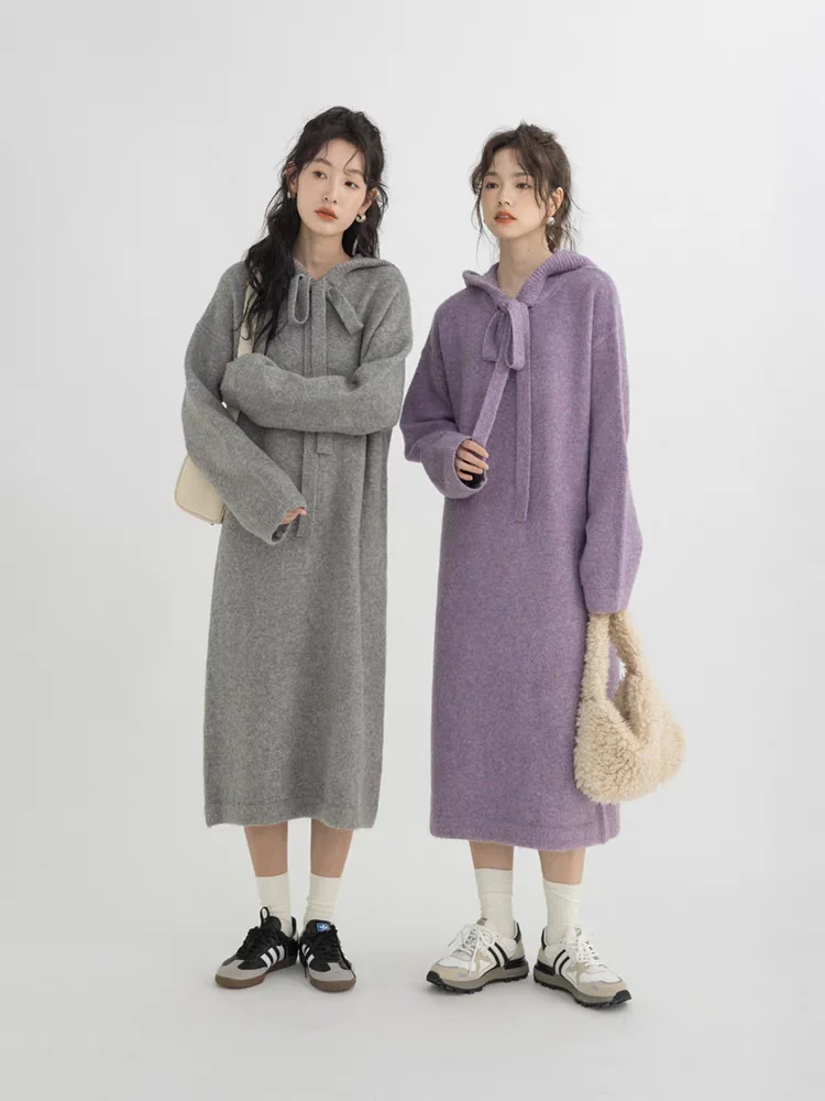 Gaganight женское серое трикотажное платье с капюшоном 2024 осенне-зимнее новое