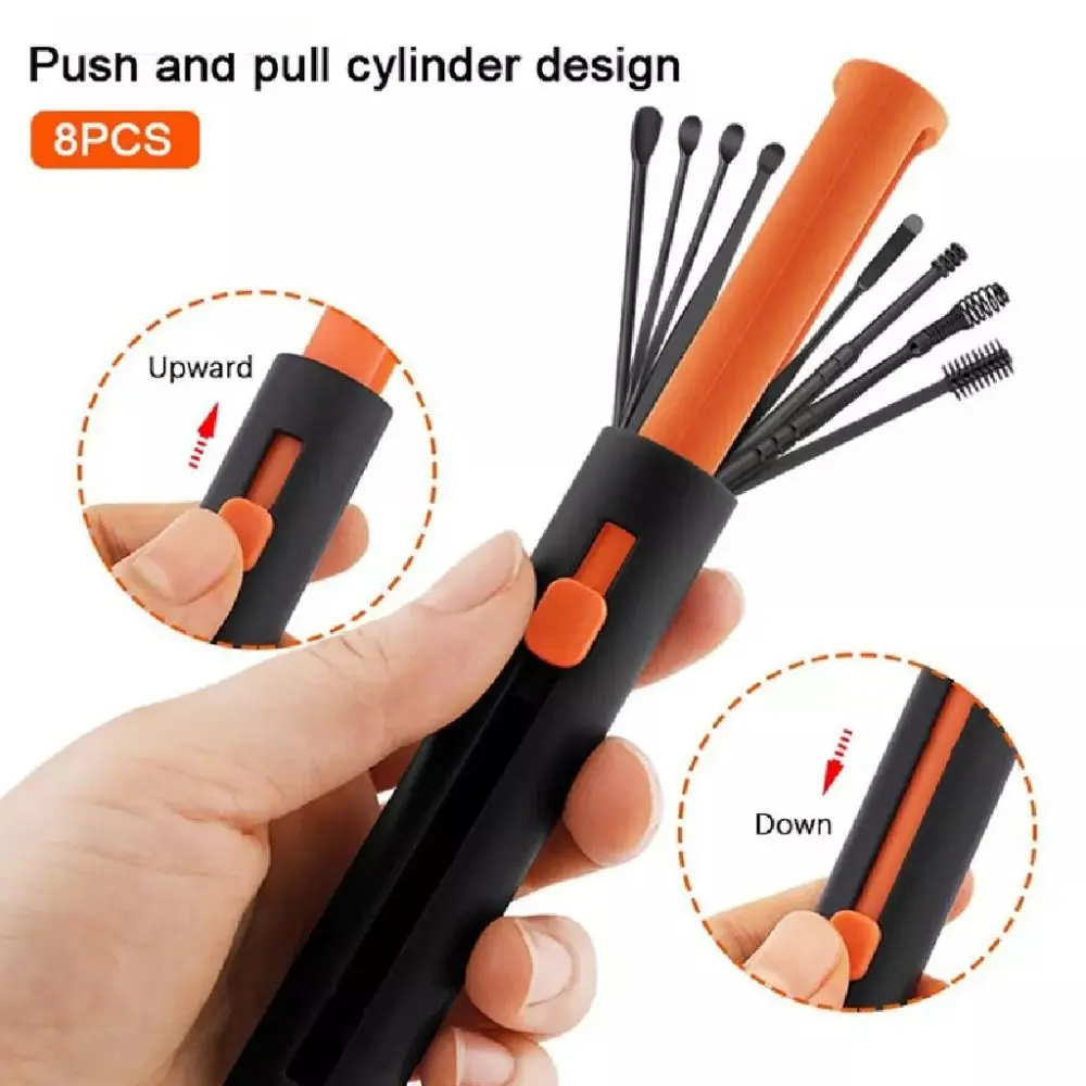 

8Pcs/set Portable Ear Cleaning Tool Stainless Steel Reusable Ear Cleaner Set Push-pull Tube Earpick Sticks Ear Care Tools