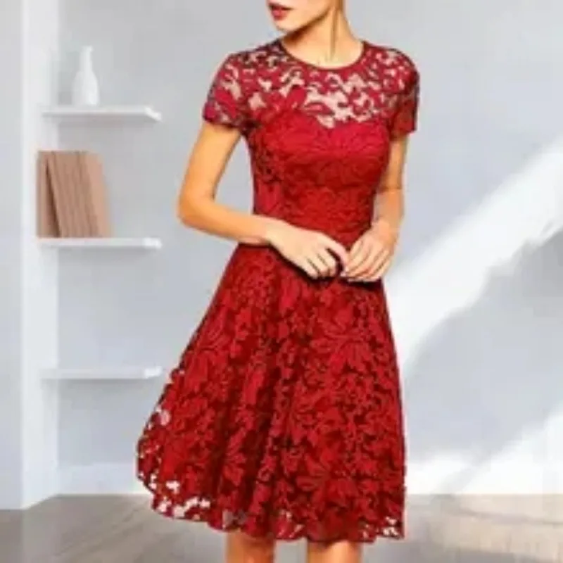 

Women Summer Dress See-through Hollow Out Lace Party Mini Dress O Neck A-line Oversized Prom Dress Women Clothes Vestidos 2023