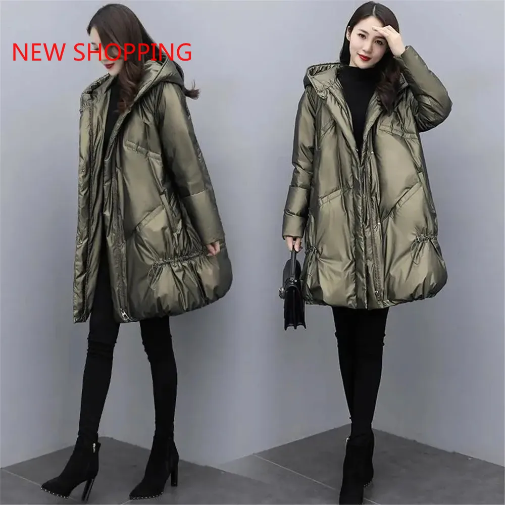Women Thicken Cotton Jacket Winter 2023 Fashion Loose Warm Glossy Mid-Length Coat Hooded Solid Parka Oversized Parkas Down Coats